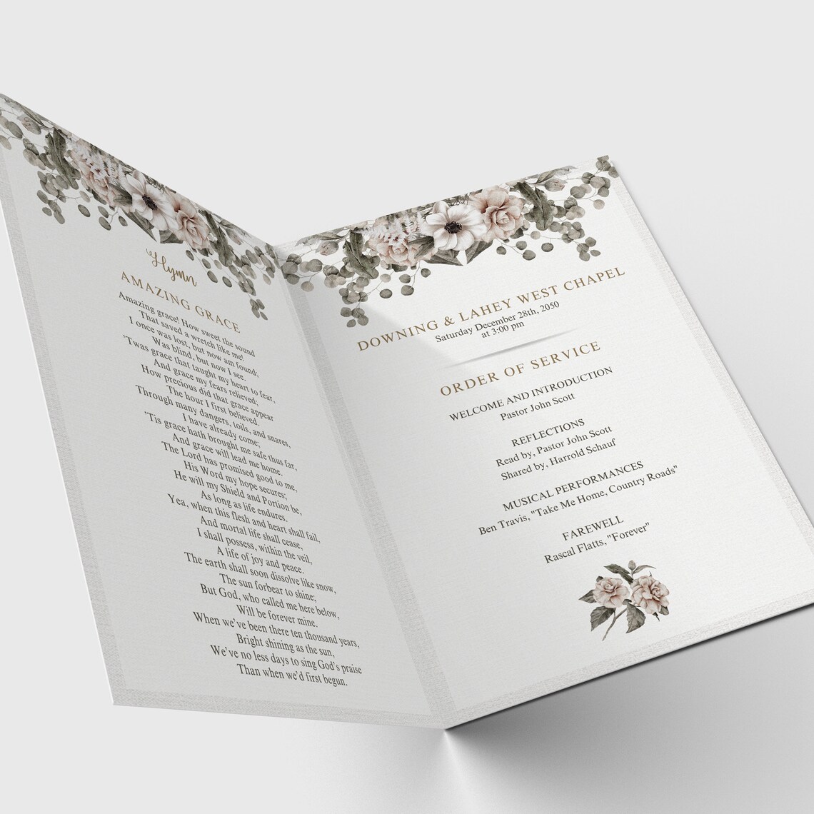 Funeral Program Template, Floral Memorial Program, Editable Memorial