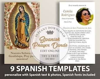 Può includere: Un download digitale per biglietti di preghiera spagnoli stampabili. L'immagine mostra un biglietto di preghiera con un'immagine della Vergine Maria, una preghiera a Nostra Signora di Guadalupe, e il testo "Nuestra Señora de Guadalupe, Pray for us!" L'immagine mostra anche un biglietto di preghiera con una preghiera a San Francesco d'Assisi e il testo "Oración de San Francisco de Asís".
