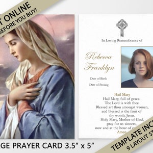 May include: A prayer card with a picture of the Virgin Mary and a Celtic cross. The card is for a memorial service and includes the name Rebecca Franklyn, the date of birth, and the date of passing. The card also includes the Hail Mary prayer.
