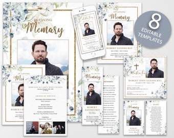 Blue Floral Funeral Program Template Bundle, Editable Funeral Bundle, In Loving Memory Suite, Celebration of Life Package, Memorial FP40
