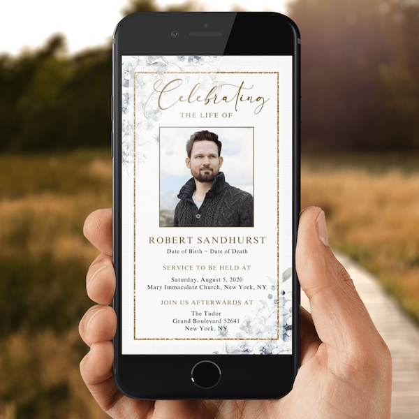 Funeral Evite, Electronic Funeral Announcement, Funeral Invitation for Smartphones, Celebration of Life invitation, Editable Evite F40