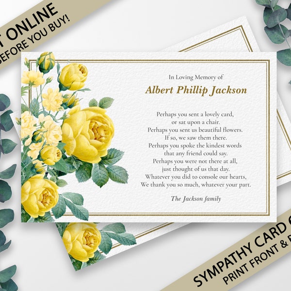 Funeral Thank You Card Template, Funeral Cards, Funeral Program Template, Printable Funeral Template, Sympathy Cards, Bereavement Note, TY12