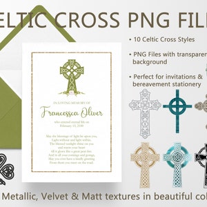 May include: A set of 10 Celtic cross PNG files in various colours and styles. The crosses are perfect for invitations and bereavement stationery. The text on the image reads "In loving memory of Francessca Oliver who entered eternal life on February 13, 2100".