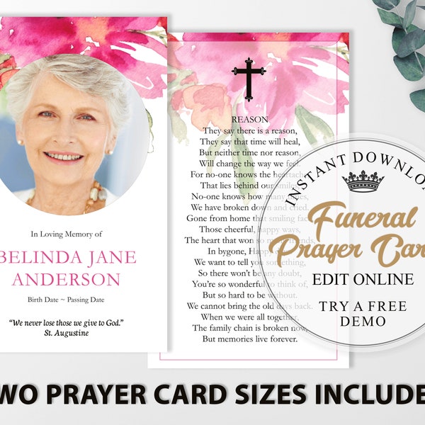 Pink Rose Funeral Prayer Card Template, Printable Memorial Prayer Card Template, Funeral Prayer Card, Catholic Mass Card, Prayer Cards F1