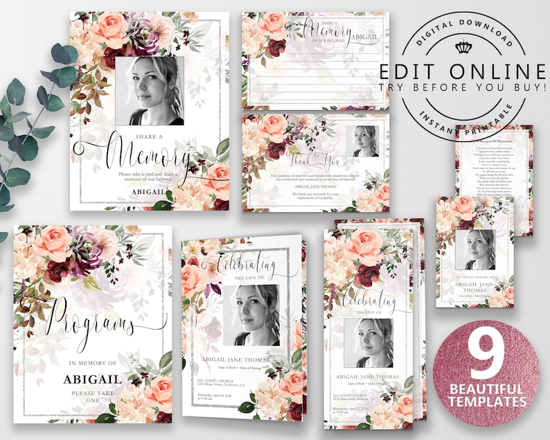 May include: Nine printable templates for a memorial service. The templates feature a floral design with peach and burgundy flowers. The text on the templates includes "Share a Memory", "Programs", "Celebrating the Life of", and "Abigail Jane Thomas".