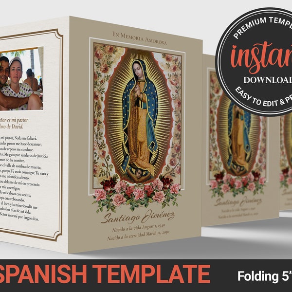 Spanish Funeral Program Template, Our Lady of Guadalupe, Printable Memorial Program, Floral Obituary Program, In Loving Memory Card, FP59