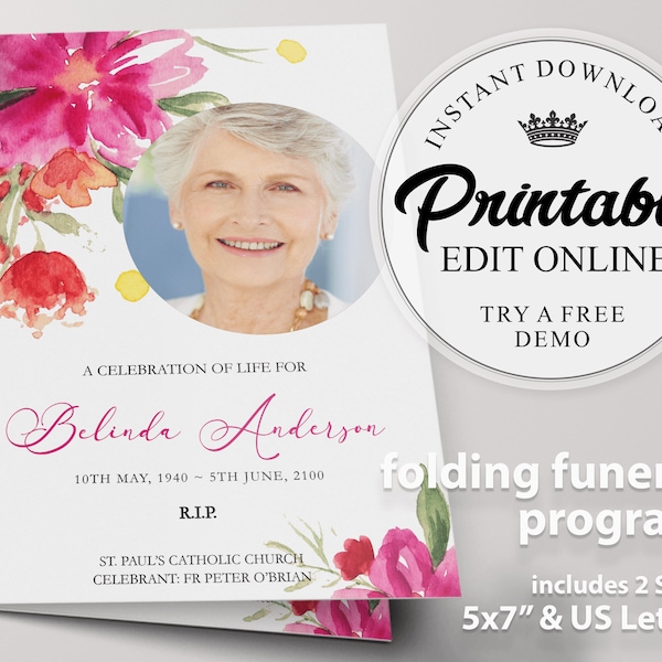 Editable Funeral Program Template with Watercolor Floral, Floral Memorial Program Template, Printable Funeral Program, Obituary Program F1