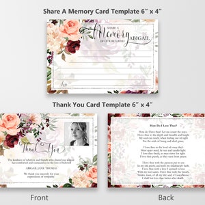 May include: Two printable templates for memorial cards. The first card features a floral design with the text "Share a Memory of our Beloved Abigail". The second card features a floral design with a photo placeholder and the text "Thank You. The kindness of relatives and friends who shared our sorrow has comforted and sustained us in the loss of our beloved Abigail Jane Thomas. We thank you sincerely for your expressions of sympathy."