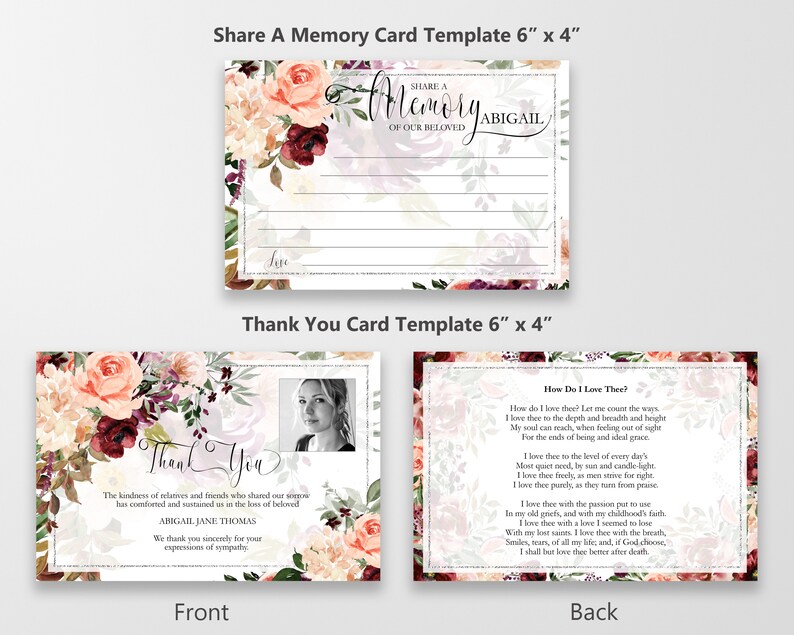 May include: Two printable templates for memorial cards. The first card features a floral design with the text "Share a Memory of our Beloved Abigail". The second card features a floral design with a photo placeholder and the text "Thank You. The kindness of relatives and friends who shared our sorrow has comforted and sustained us in the loss of our beloved Abigail Jane Thomas. We thank you sincerely for your expressions of sympathy."