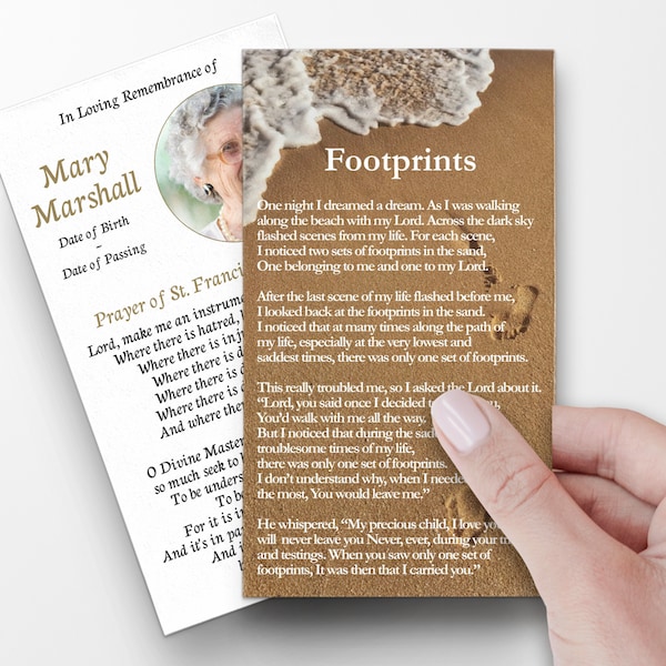 Prayer Cards, Footprints In The Sand, funeral cards, prayer card template, custom prayer cards, catholic prayer cards, funeral prayer cards