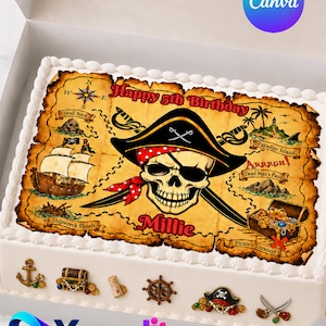 Printable Pirate Treasure Map Cake Topper Image, Personalized Birthday (Digital Download)