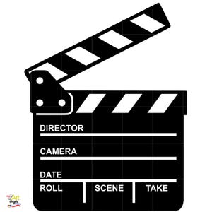 Puede incluir: Una claqueta de cine en blanco y negro con la parte superior abierta. La claqueta tiene las palabras "DIRECTOR", "CAMERA", "DATE", "ROLL", "SCENE" y "TAKE" impresas. Una herramienta clásica de cine.