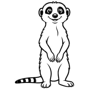 Op de afbeelding: Een zwart-wit lijntekening van een stokstaartje dat rechtop staat. Het stokstaartje heeft grote ogen, donkere vlekken rond de ogen, een kleine neus en een glimlachende mond. De staart is links zichtbaar met donkere horizontale strepen.