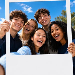 May include: Five smiling people framed by a white border against a blue sky with clouds. The group is diverse and wearing casual clothes. The image captures a moment of joy and togetherness, suggesting a shared experience.