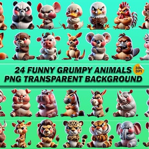 Può includere: Una collezione di 24 illustrazioni digitali di vari animali con espressioni imbronciate e braccia incrociate, tra cui orso, panda, topo, anatra, aquila, gallo, scoiattolo, volpe, lontra, mucca, canguro, koala, ornitorinco, unicorno, scimmia, maiale, ippopotamo, cavallo, asino, rinoceronte, coniglio, toro, giraffa, leone, leopardo, tigre, elefante e iena, con la scritta 24 FUNNY GRUMPY ANIMALS PNG TRANSPARENT BACKGROUND.