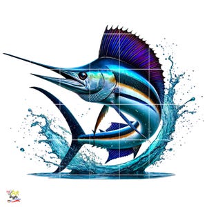 Pode incluir: Um peixe marlin azul e roxo saltando para fora da água, com um respingo de água atrás.