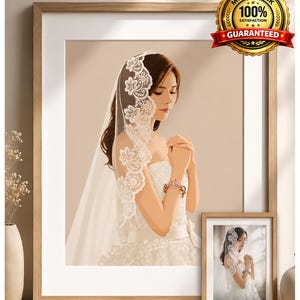 May include: A framed illustration of a person in a white strapless wedding dress and a long lace-trimmed veil, with hands clasped together. The artwork features a gold 100% money back satisfaction guarantee badge in the top right corner.