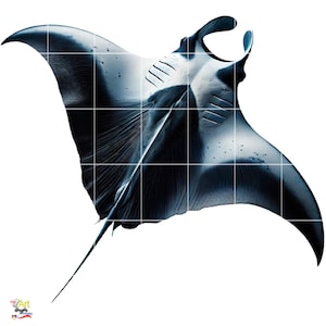 May include: A digital art print of a manta ray, rendered in shades of blue and white. The artwork features detailed textures and shading, creating a realistic depiction of the marine animal against a white background. The image is divided into a grid.
