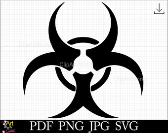 May include: Black and white biohazard symbol, a stylized triangle with three rounded points and a circle in the center.