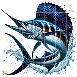 May include: A blue and silver marlin fish leaping out of the water with a splash of water behind it. The fish has a long, sharp bill and a large dorsal fin.