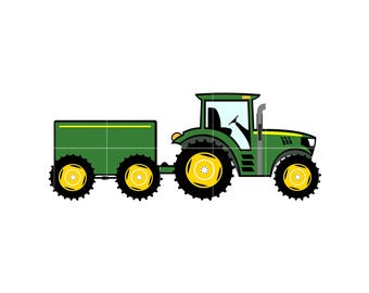 May include: A green tractor with a yellow trailer. The tractor has black tires with yellow rims and a yellow light on top. The trailer has black tires with yellow rims and a yellow stripe.