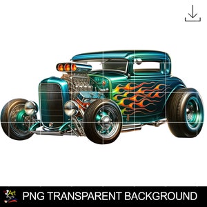 May include: A teal blue hot rod with flames painted on the side. The car has a chrome grill and headlights, and a large engine visible under the hood.