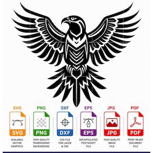 Puede incluir: Gráfico en blanco y negro de un águila con las alas extendidas, titulado "AMERICAN THUNDERBIRD." Iconos para los tipos de archivo SVG, PNG, DXF, EPS, JPG y PDF. Texto adicional incluye "Descarga instantánea", "Alta calidad", "Listo para imprimir" y "Fácil de usar."