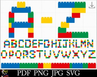 May include: An alphabet graphic featuring letters A through Z constructed from colorful interlocking plastic building blocks. The letters are rendered in red, blue, yellow, and green against a white grid background, with a row of blocks at the bottom.