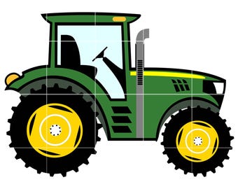 May include: A green tractor illustration with large black tires featuring yellow rims. The vehicle has a light blue cabin window, a black seat, a steering wheel, a tall grey exhaust pipe, and yellow accents on the hood and rear fender.