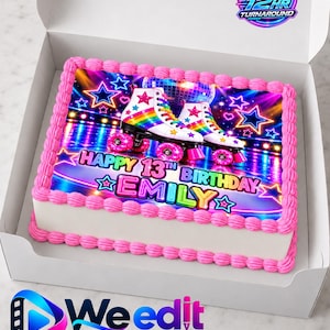 May include: A rectangular sheet cake in a white box featuring a printed image of two white roller skates with rainbow stripes and pink wheels. The design includes a disco ball, neon stars, and the text Happy 13th Birthday Emily in colorful letters.