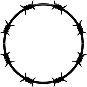 May include: A black barbed wire circle design. The image features a circular shape made of a thick black line, with evenly spaced barbs extending outwards. The design is simple and graphic, suitable for various applications.
