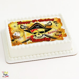 May include: A rectangular white cake decorated with a pirate-themed edible image. The image shows a skull in a pirate hat, crossed swords, and a treasure map design. Text includes "Happy 8th Birthday" and "Timothy".