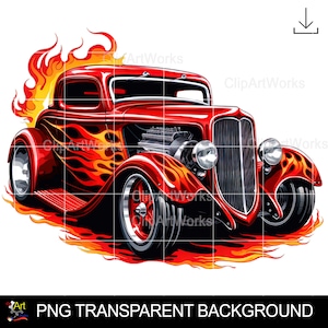 May include: A red vintage hot rod car with flames painted on the side. The car is on a white background.