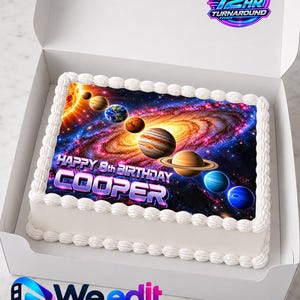 May include: A rectangular sheet cake in a white box featuring an edible image of the solar system against a colourful galaxy background. The text "HAPPY 8th BIRTHDAY COOPER" is printed in a bold, futuristic font over the space-themed design.
