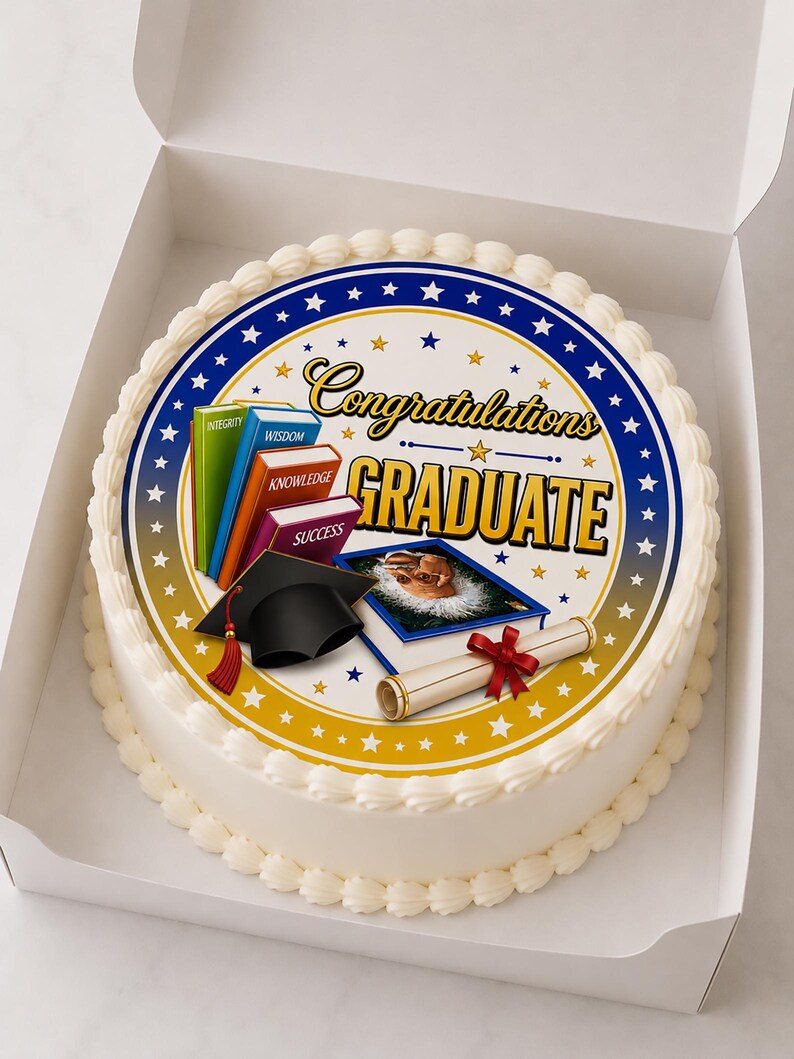 Printable Graduation Cake Topper Image, Gold Lettering, Books, Cap ...