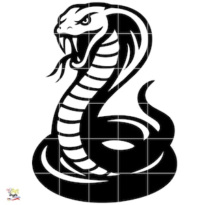 Peut inclure: Illustration en noir et blanc d'un cobra dans un design stylisé et audacieux. Le serpent est représenté avec sa capuche déployée, ses crocs apparents et sa langue tendue. L'œuvre utilise des lignes fortes et un style graphique.