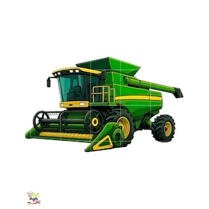 May include: A green and yellow combine harvester illustration. The agricultural machine has large wheels, a cab with a windshield, and a long harvesting arm. The design features a cartoon style with bold outlines and bright colors.