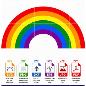 May include: A digital graphic featuring a rainbow with red, orange, yellow, green, blue, and purple layers. Below are six file format icons labeled SVG, PNG, DXF, EPS, JPG, and PDF, with text indicating instant download and high quality.