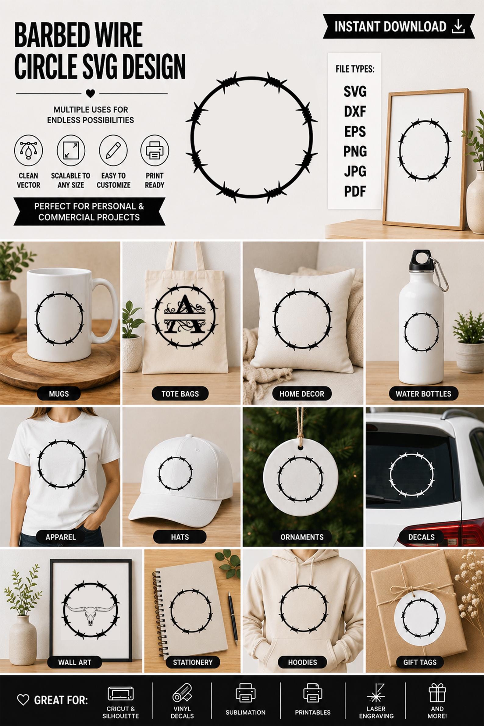 Barbed Wire Circle SVG: Razor Fence Silhouette Clipart (digital ...