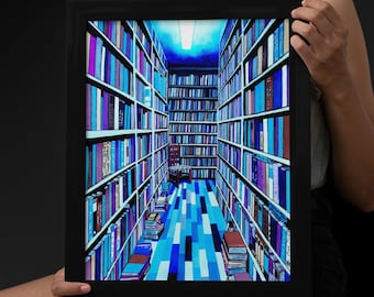 May include: A framed painting of a library aisle with bookshelves on both sides, filled with colorful books. The aisle is lit by a bright light, and the floor is a blue and white checkered pattern.
