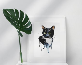 Black and White Cat Watercolor Print, Boho Wall Art