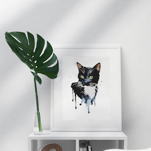 Black and White Cat Painting, Cute Cat Wall Art, Aesthetic Cat Painting, Boho Room Décor, Watercolor Cat Print, Kawaii Cat Wall Decor
