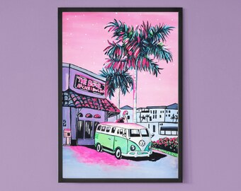 Retro Camper Van Poster Vintage VW Bus Wanderlust Travel Adventure Wall Art Vaporwave Cyberpunk Pink Aesthetic Tropical Home Decor