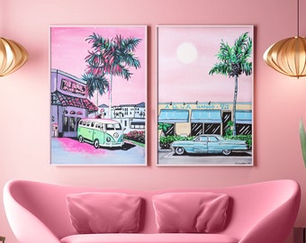 Cool Neon Palm Tree Art Set - Vaporwave Urban Decor Prints - Vibrant Retro Wall Art