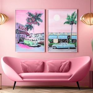 80s Neon Set of Two Art Poster - Florida Palm Tree Vaporwave Artwork - Set of Two Cool Art Prints - Vaporwave Neon Aesthetic Tropical Urban