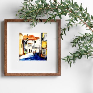 Kleine Wandkunst 20x20x1,5 cm - Aquarell Urban Szene mit Paar - Romantischer Druck - Minimalistisches Zimmer Dekor - Kleines Quadratisches Dekor
