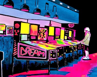 80s Arcade Art Print - Retro Arcade - Game Room Poster - 80s Neon Art - Geeky Decor - Nostalgia Square Print - Neon Pink Vibes