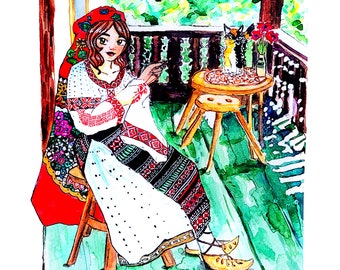 Romanian Folk Art Print - Balkan Girl, Village Scene