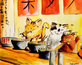 Cats Painting Print Ramen Noodles Japanese Poster Anime Kawaii Kitten Friends Restaurant Kitchen Décor Cat Owner Lover Gift Idea