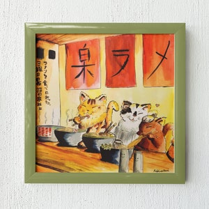 May include: A watercolor painting of three cats eating ramen in a restaurant. The restaurant has red and yellow signs that say "泉ラメ" in Japanese. The cats are sitting at a table with bowls of ramen in front of them.